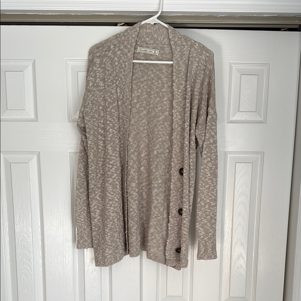 Abercrombie & Fitch Heathered Taupe Open-Front Cardigan with Side Buttons